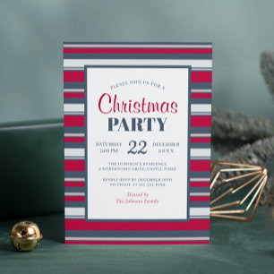 Modern Red Grey Stripe Christmas Party Invitation