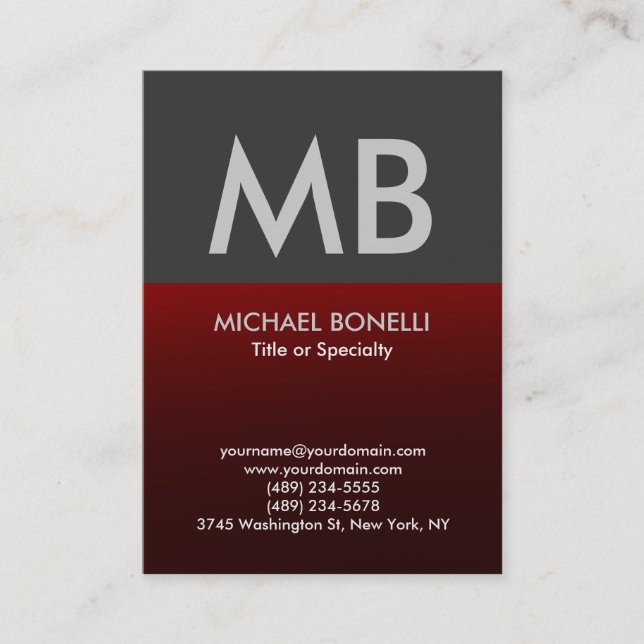 Modern red grey trendy monogram business card (Front)
