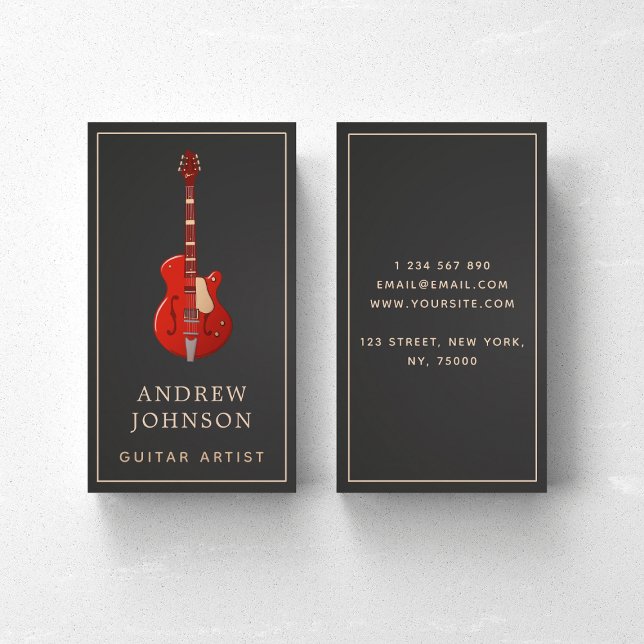 Modern Red Guitar Music Lessons Musician Frame     Business Card (Creator Uploaded)