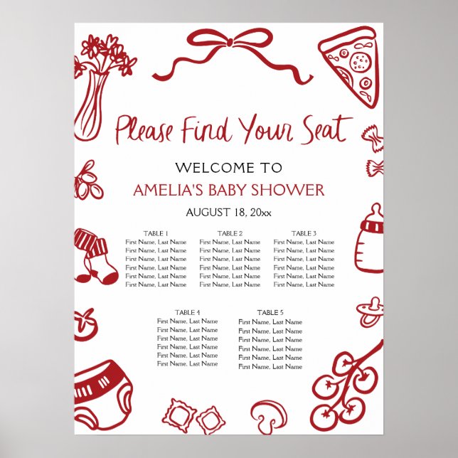 Modern Red Hand Drawn Italian Pizza Seating Chart (Front)