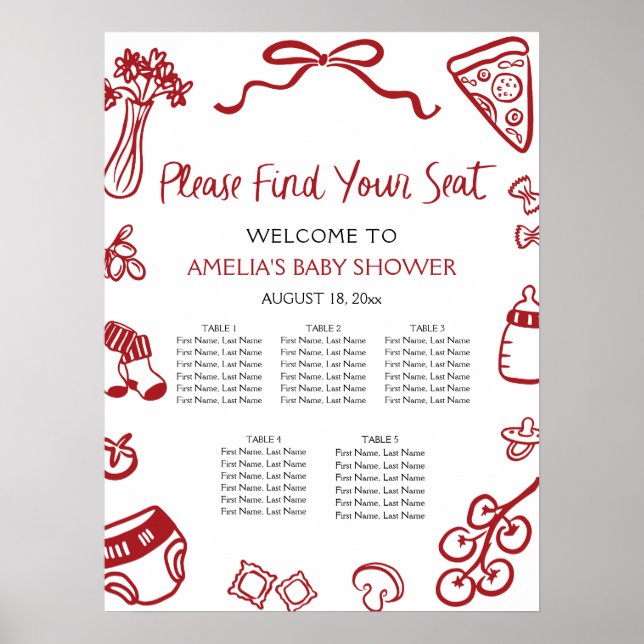 Modern Red Hand Drawn Italian Pizza Seating Chart (Front)