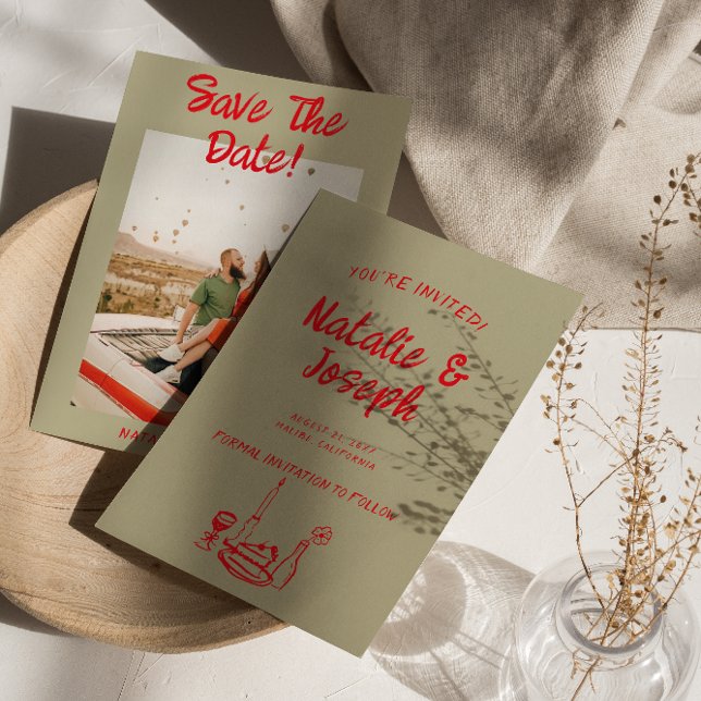 Modern Red Hand Drawn Retro Quirky Photo Wedding Save The Date (Creator Uploaded)