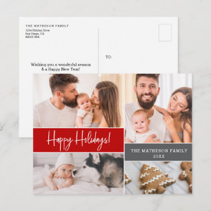 Modern Red Happy Holidays Family Photo collage  Holiday Postcard