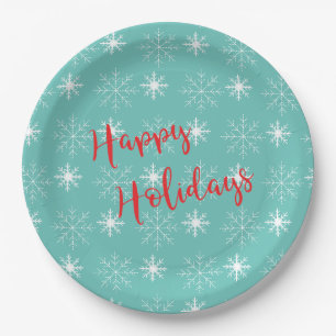 Modern Red Happy Holidays Text, Teal, Stars Paper Plate