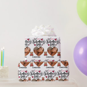 Modern Red Happy Valentines Day one Heart Photo Wrapping Paper