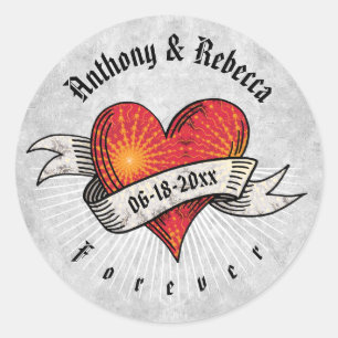 Modern Red Heart Add Names and Date Classic Round Sticker
