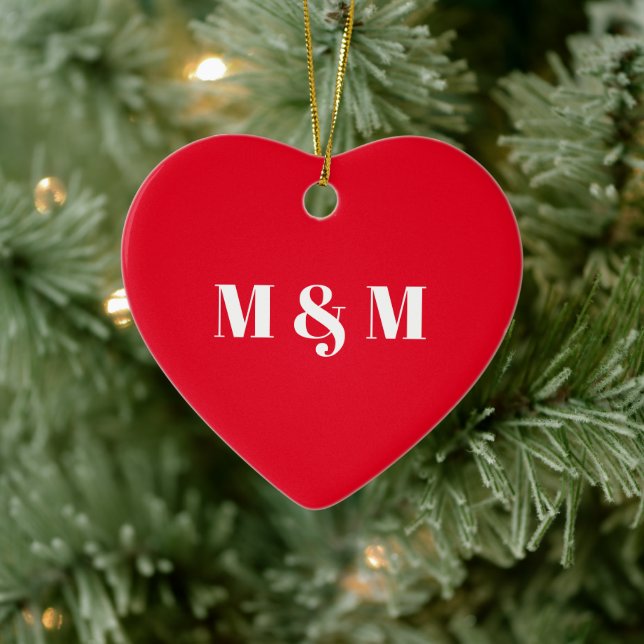 Modern red heart couple typography monogram ceramic tree decoration (Tree)