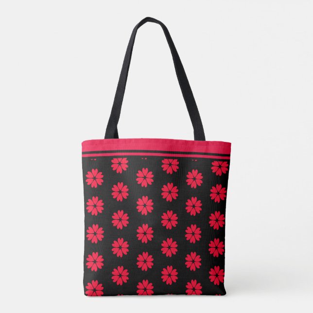 Modern Red Heart Flower Pattern on Black Tote Bag (Back)