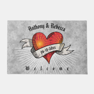 Modern Red Heart Fractal Couple Welcome 24 x 36 Doormat