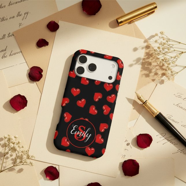 Modern Red Heart Pattern Custom Monogram Black (Creator Uploaded)