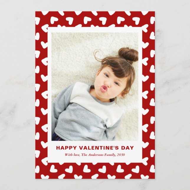 Modern Red Hearts Pattern One Photo Valentines Day Holiday Card (Front)