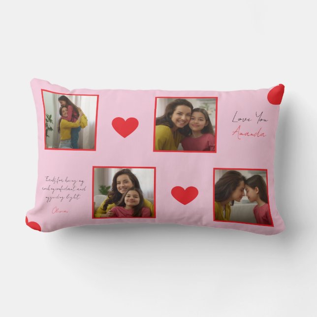 Modern Red Hearts Sibling Photo Collage Lumbar Cushion (Front)