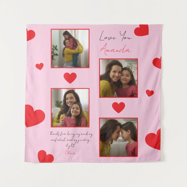 Modern Red Hearts Sibling Photo Collage Tapestry (Front)
