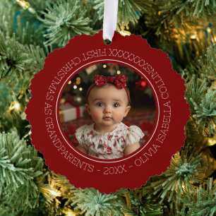 Modern Red Holiday Baby's First Christmas Photo Tree Decoration Card