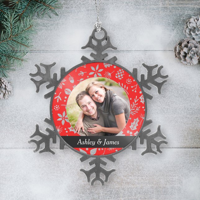 Modern Red Holiday Foliage Couple Photo Snowflake Pewter Christmas Ornament (Creator Uploaded)