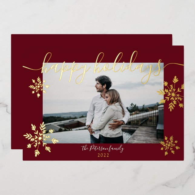 Modern red holidays script snowflakes photo (Front/Back)