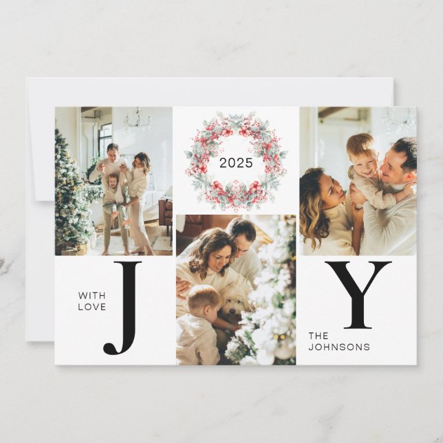 Modern Red Holly Berries 3 Photo Joy Christmas Holiday Card (Front)