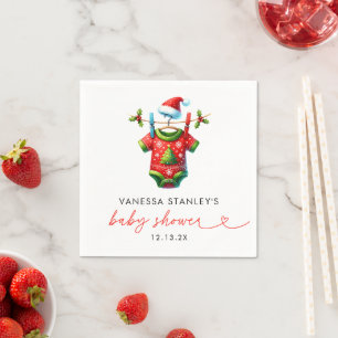 Modern Red Holly Christmas Santa Baby Shower Napkin
