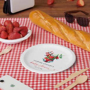 Modern Red Holly Christmas Santa Baby Shower Paper Plate