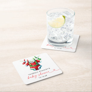 Modern Red Holly Christmas Santa Baby Shower Square Paper Coaster