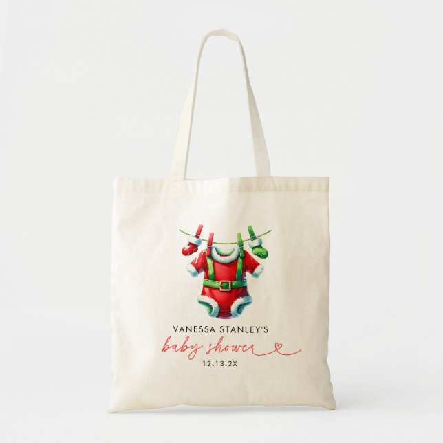 Modern Red Holly Christmas Santa Baby Shower Tote Bag (Front)