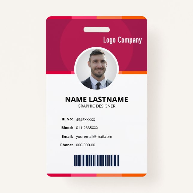 Modern Red ID Identification Card Photo Badge ID Badge (Front)
