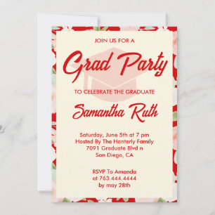 Modern Red Ivory Floral Photo Graduation Party Invitation