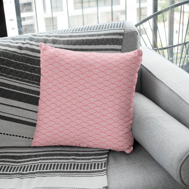 Modern Red Japanese Wave Geometric Pattern Cushion (Creator Uploaded)