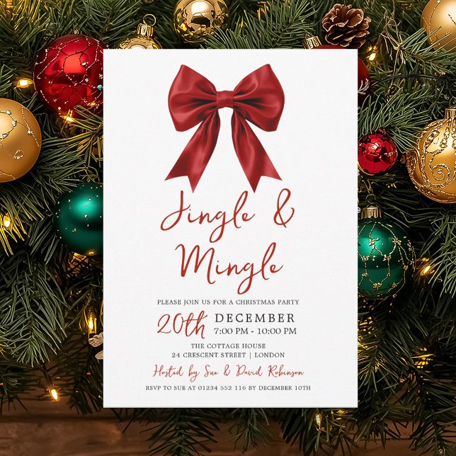 Modern Red Jingle Mingle Christmas Party Glam Bow  Invitation (Modern Red Jingle Mingle Christmas Party Glam Bow Invitation)