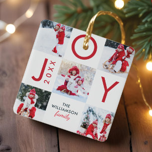 Modern Red Joy Chequerboard Family Photo Collage Ceramic Ornament