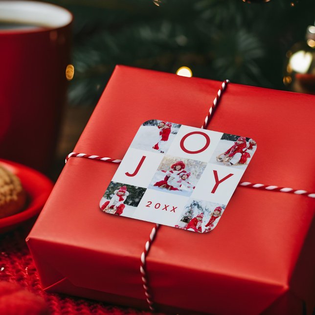 Modern Red Joy Chequerboard Family Photo Collage Square Sticker (Modern Red Joy Checkerboard Family Photo Collage Square Sticker)