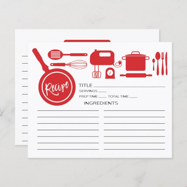 Modern Red Kitchen Utensils Recipe Card (Front/Back)