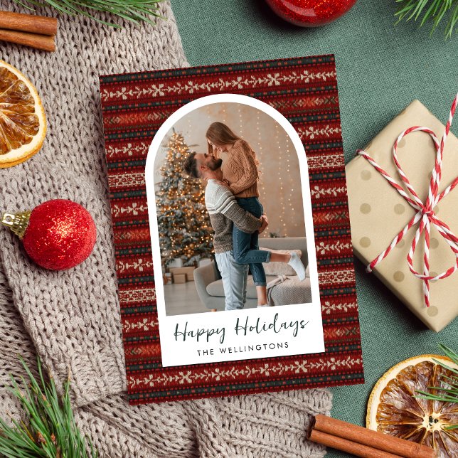 Modern Red Knitted Christmas Sweater Arch Photo Holiday Card (Creator Uploaded)