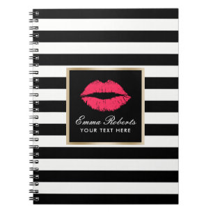 Modern Red Lips Elegant Black & White Stripes Notebook