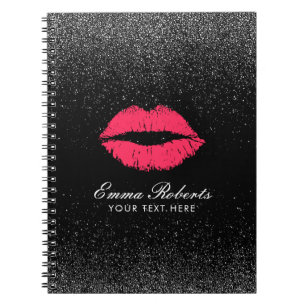 Modern Red Lips Trendy Black Glitter Elegant Spiral Notebook