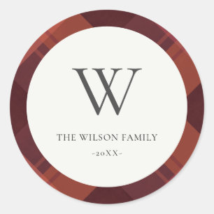 Modern Red Maroon Marsala Plaid Pattern Monogram Classic Round Sticker