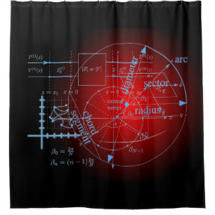 Modern Red Math Geometry Circle Equations on Black Shower Curtain