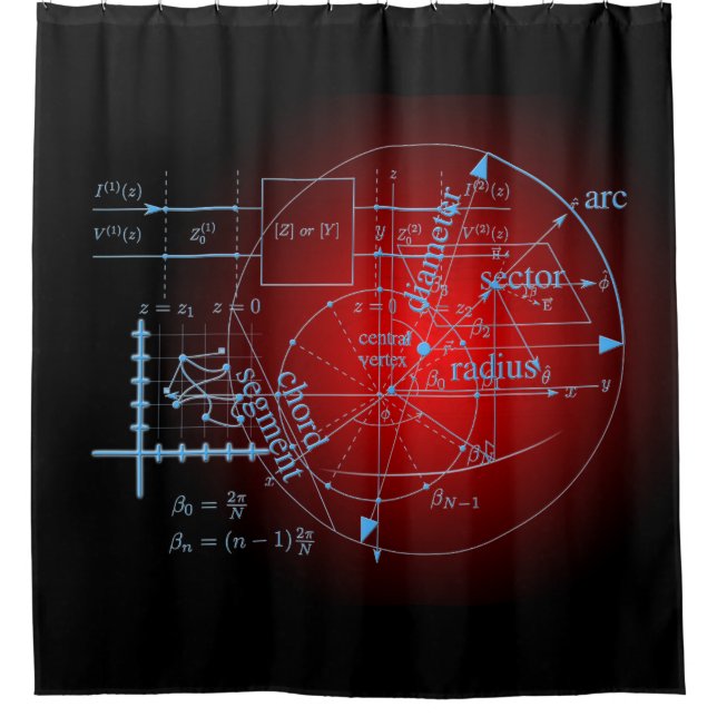 Modern Red Math Geometry Circle Equations on Black Shower Curtain (Front)