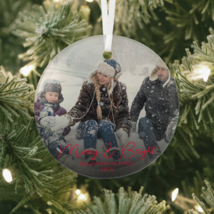Modern Red Merry & Bright Calligraphy Family Photo Glass Tree Decoration