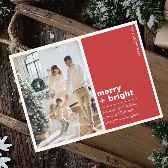 Modern Red Merry + Bright Christmas Photo Postcard (Creator Uploaded)