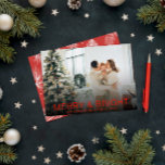Modern Red Merry & Bright Stylish Christmas Photo Holiday Card<br><div class="desc">A very unique and elegant stylish minimalist and modern script Christmas card. Which features a minimalist customisable full family photo. With white informal whimsical calligraphy of happy holidays. And under it the family name and years which can be both changed by clicking on the personalised button. And in the back...</div>