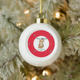 modern red merry cat snowflake christmas kitten Ca Ceramic Ball Christmas Ornament