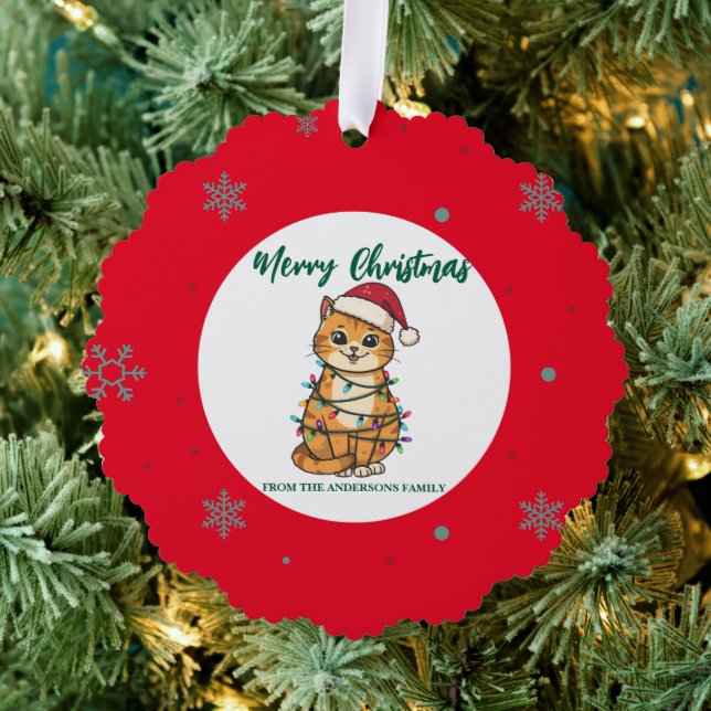modern red merry cat snowflake christmas kitten Ca Tree Decoration Card (Insitu (Tree))