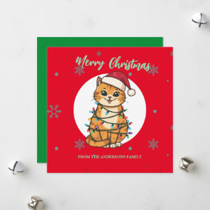 Modern red merry cat snowflake Christmas kitten Holiday Card