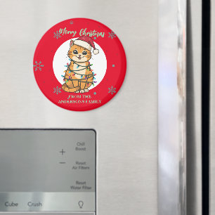 Modern red merry cat snowflake Christmas kitten Magnet