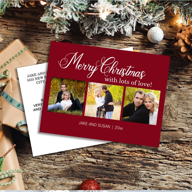 Modern Red Merry Christmas 3 Photo Year Holiday Postcard (Red/burgundy 3-photo Christmas greeting postcard)