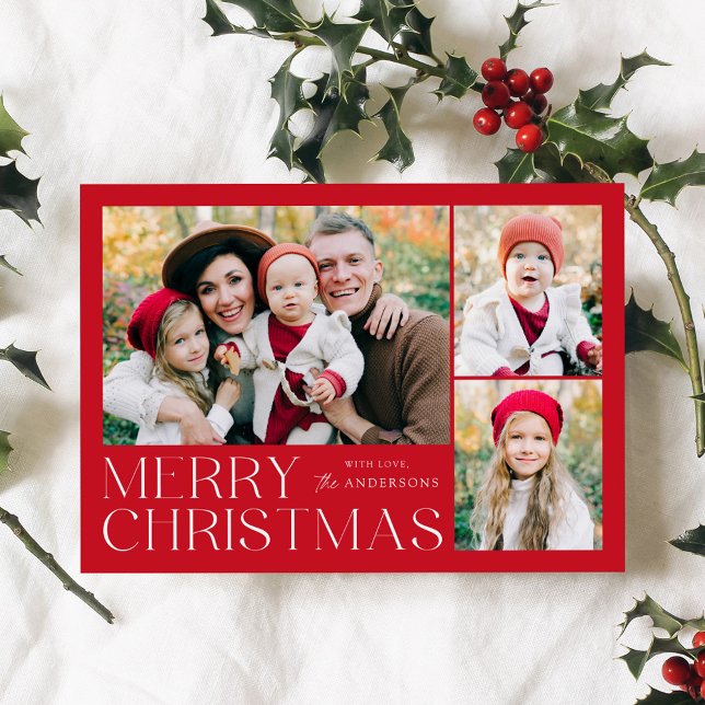 Modern Red Merry Christmas 4 Photo Collage Holiday Card (Creator Uploaded)