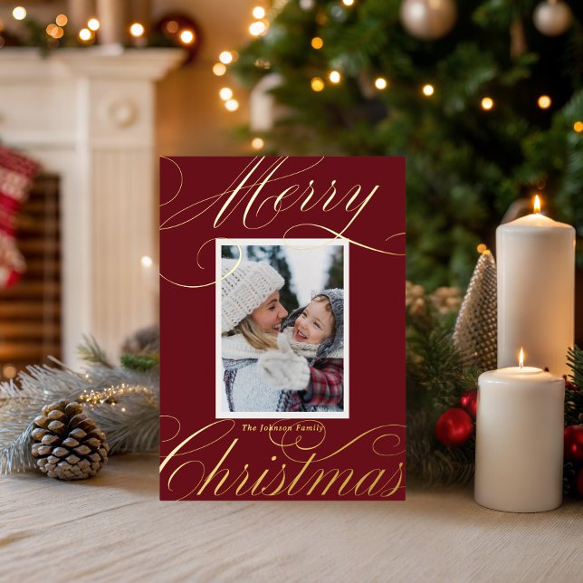 Modern Red Merry Christmas Elegant Script Photo  (Creator Uploaded)