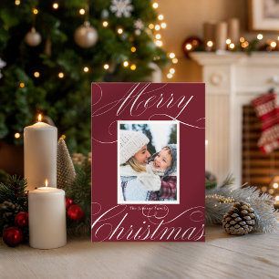 Modern Red Merry Christmas Elegant Script Photo  Card
