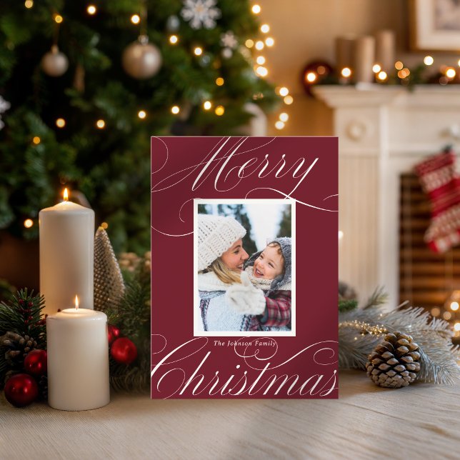 Modern Red Merry Christmas Elegant Script Photo  Card (Creator Uploaded)